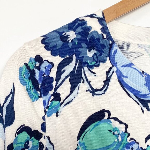 Talbots Womens Floral Knit Top Short Sleeve Preppy White Blue Green - Picture 4 of 9